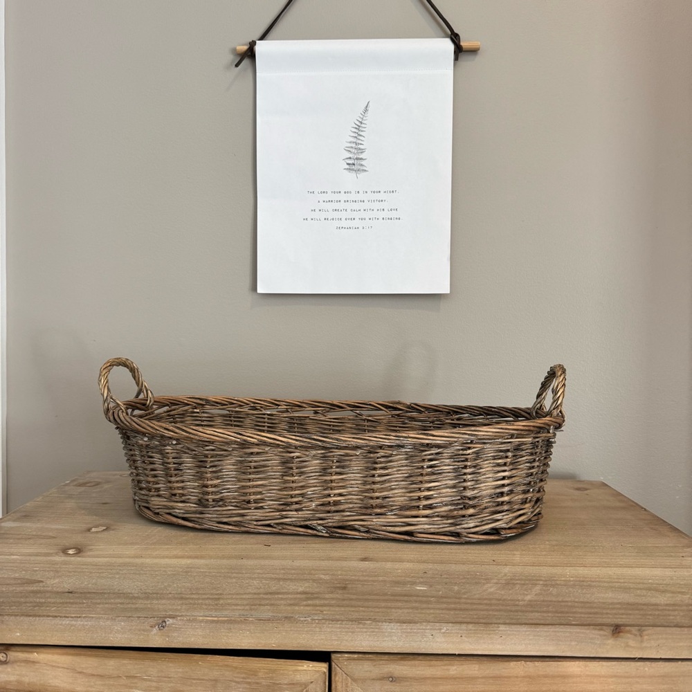 Vintage woven oval basket with handles cottage core pottery barn style